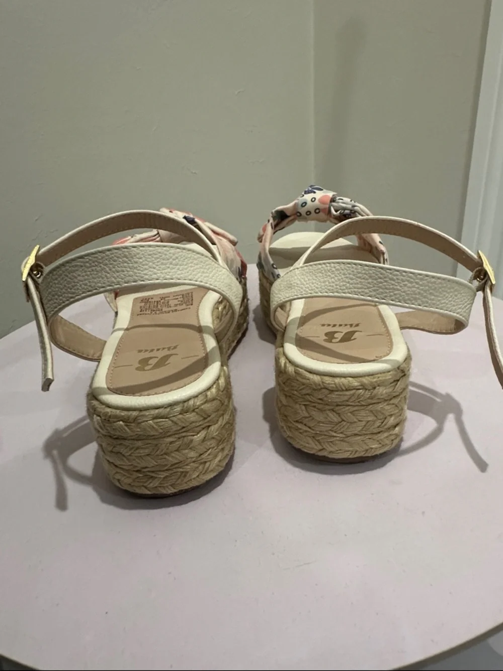 Floral Bow Espadrille Wedge Sandals — Cream with Pink & Blue Accents